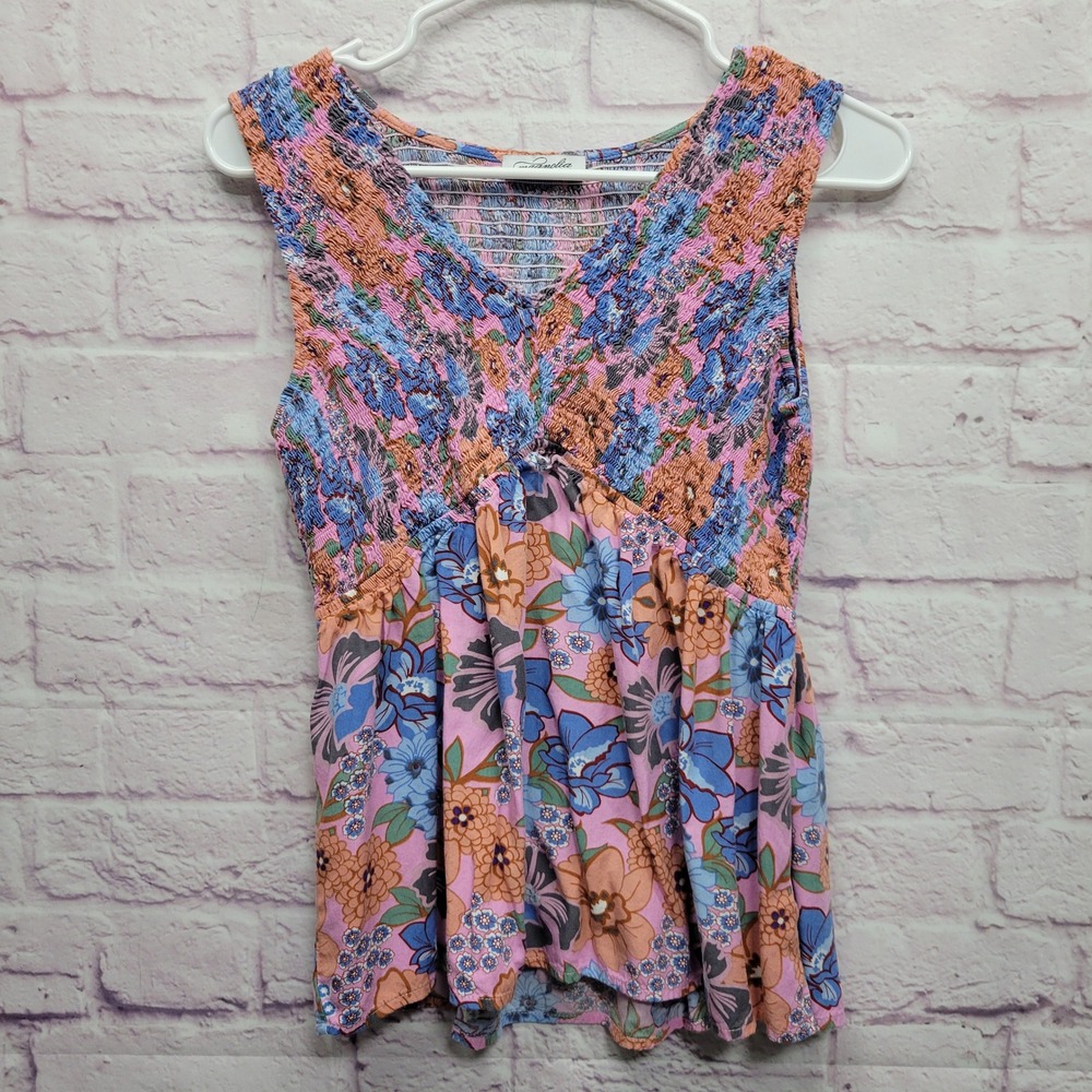 Magnolia Boutique Smocked Peplum Babydoll Top S Floral Cottage Boho Festival